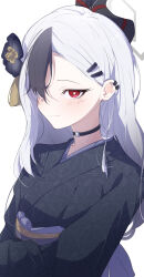 Rule 34 | 1girl, absurdres, black choker, black hair, black horns, black kimono, blue archive, choker, closed mouth, commentary request, earclip, flower, grey halo, hair flower, hair ornament, hair over one eye, halo, highres, horns, japanese clothes, kayoko (blue archive), kayoko (new year) (blue archive), kimono, long hair, looking at viewer, mole, mole on neck, obi, official alternate costume, red eyes, ringosu, sash, simple background, smile, solo, upper body, white background, white hair