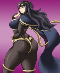 Rule 34 | 1girl, ass, black eyes, black hair, blunt bangs, blush, bodysuit, breasts, bridal gauntlets, cape, come hither, cowboy shot, curvy, fire emblem, fire emblem awakening, from behind, gradient background, highres, huge ass, kyelyn, large breasts, long hair, looking at viewer, looking to the side, naughty face, nintendo, parted lips, pink background, purple background, sideboob, simple background, skin tight, smile, solo, standing, tharja (fire emblem), thick thighs, thighs, two side up