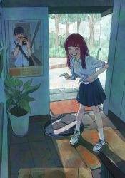 Rule 34 | 1boy, 1girl, absurdres, backpack, bag, black hair, blunt bangs, bush, closed eyes, collared shirt, ddini, doorway, highres, laughing, mirror, open mouth, original, plant, pleated skirt, potted plant, rain, red hair, reflection, shirt, skirt, smile, socks, teeth, tree, wet, wet clothes, white socks