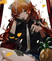 Rule 34 | 1girl, animal ears, anya pandaria, atelier live, bad id, bad twitter id, black shirt, collared shirt, commentary, confetti, daenarys, english commentary, food, fruit, highres, holding chess piece, light smile, looking at viewer, multicolored hair, pineapple, raccoon ears, raccoon girl, shirt, sitting, smile, solo, streaked hair, virtual youtuber, white hair
