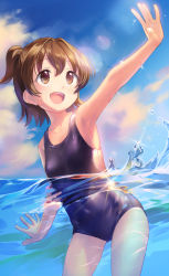 Rule 34 | 1girl, akagi miria, armpits, blue one-piece swimsuit, blue sky, breasts, brown eyes, brown hair, cloud, collarbone, commentary, cover, day, hair between eyes, hand up, idolmaster, idolmaster cinderella girls, kawaseki, looking away, one-piece swimsuit, open mouth, outdoors, outstretched arm, partially submerged, partially underwater shot, school swimsuit, short hair, short twintails, sky, small breasts, smile, solo, sparkle, sunlight, swimsuit, teeth, thighs, twintails, underwater, upper teeth only, water, water drop, wet