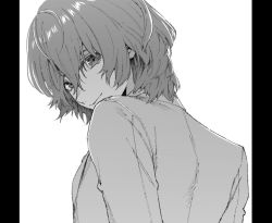 Rule 34 | 1boy, akechi gorou, closed mouth, from behind, greyscale, hair between eyes, head tilt, jacket, looking at viewer, maki keigo, male focus, monochrome, persona, persona 5, pillarboxed, simple background, solo, upper body