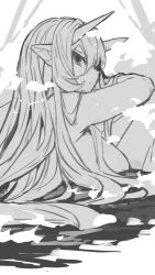 Rule 34 | 1girl, absurdres, breasts, closed mouth, commentary request, from behind, greyscale, hair between eyes, highres, horns, large breasts, long hair, looking at viewer, looking back, monochrome, nude, original, partially submerged, pointy ears, solo, steam, very long hair, water, yuuji (yukimimi)