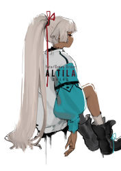 Rule 34 | 10s, 1girl, altera (fate), baggy clothes, boots, closed mouth, dark-skinned female, dark skin, fate/extella, fate/extra, fate/grand order, fate (series), hair ribbon, highres, invisible chair, jacket, legs, long hair, ponytail, red eyes, red ribbon, ribbon, shenq, simple background, sitting, socks, solo, tagme, tan, white background, white hair