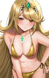 Rule 34 | 1girl, absurdres, asada sadao, bikini, blonde hair, blush, breasts, chest jewel, cleavage, closed mouth, collarbone, commentary request, earrings, gold bikini, gold hairband, hairband, hand on own hip, highres, jewelry, long hair, looking at viewer, medium breasts, mythra (xenoblade), navel, side-tie bikini bottom, solo, stomach, swimsuit, tiara, very long hair, xenoblade chronicles (series), xenoblade chronicles 2, yellow eyes