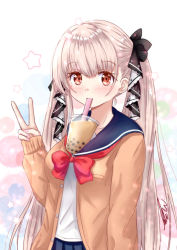 Rule 34 | 1girl, :3, alternate costume, azur lane, blunt bangs, bow, bubble tea, bubble tea challenge, commentary request, cup, drinking straw, formidable (azur lane), hair bow, hair ribbon, jacket, long hair, looking at viewer, m ko (maxft2), mouth hold, pleated skirt, red eyes, ribbon, school uniform, serafuku, sidelocks, signature, silver hair, skirt, solo, sweater jacket, twintails, v