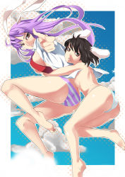 Rule 34 | 2girls, animal ears, ass, bad id, bad pixiv id, barefoot, breasts, feet, female focus, finger gun, flat chest, foreshortening, hug, inaba tewi, layla (suptomat), medium breasts, multiple girls, necktie, no pants, open clothes, open shirt, panties, panties only, rabbit ears, red necktie, reisen udongein inaba, shirt, small breasts, striped clothes, striped panties, topless, touhou, underboob, underwear, underwear only