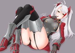 Rule 34 | 1girl, antenna hair, ass, azur lane, black gloves, black panties, black thighhighs, blush, breasts, brown hair, cross, dakku (ogitsune), dated, garter straps, gloves, grey background, hair between eyes, headgear, highres, iron cross, large breasts, long hair, long sleeves, looking at viewer, lying, multicolored hair, on back, open mouth, panties, prinz eugen (azur lane), red hair, signature, silver hair, simple background, solo, streaked hair, swept bangs, thighhighs, thighs, tongue, tongue out, two side up, underwear, very long hair