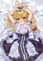 Rule 34 | 1girl, absurdres, angry, arms up, bdsm, bed, blonde hair, blush, bondage, bound, bound wrists, bow, braid, clenched teeth, curly hair, dress, female focus, flat chest, frown, gunnjou yosio, hair between eyes, hair bow, highres, kirisame marisa, looking at viewer, on bed, scowl, side braid, solo, teeth, touhou, wavy hair, yellow eyes