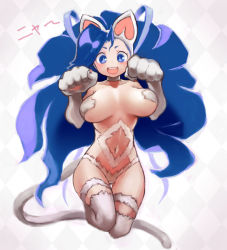 Rule 34 | 1girl, animal ears, animal hands, argyle, argyle background, argyle clothes, big hair, blue eyes, blue hair, blurry, breasts, cat ears, cat paws, cat tail, choker, depth of field, felicia (vampire), full body, fur, gluteal fold, highres, hiro1984, jumping, large breasts, navel, open mouth, paw pose, sketch, smile, solo, tail, thigh gap, translated, vampire (game)