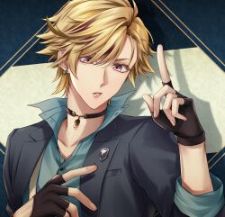 Rule 34 | 1boy, black choker, black gloves, blonde hair, blue background, blue jacket, blue shirt, border, breast pocket, choker, collared shirt, colored eyelashes, commentary, dress shirt, earrings, fingerless gloves, gloves, hair over one eye, iritani ryouya, jacket, jewelry, lapel pin, lapels, leo cavagnis, long bangs, long sleeves, looking at viewer, male focus, notched lapels, open clothes, open collar, open jacket, outside border, parted lips, pink eyes, piofiore no bansho, pocket, popped collar, shadow, shirt, short hair, solo, suit jacket, upper body, white background, yellow border