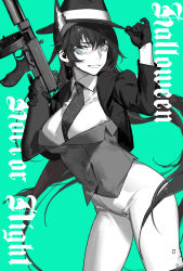 Rule 34 | 1girl, alternate costume, animal ear fluff, animal ears, arknights, blaze (arknights), blue eyes, breasts, cat ears, dress shirt, earpiece, english text, fedora, formal, gloves, gun, hair between eyes, hat, hat tip, highres, holding, holding gun, holding weapon, jacket, large breasts, long hair, looking at viewer, mizuno star, monochrome, necktie, pants, shirt, smile, solo, suit, suit jacket, weapon, white pants