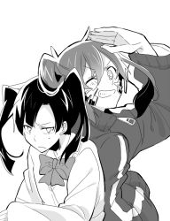 Rule 34 | 2girls, akinai ari, back-to-back, bad id, bad pixiv id, bow, bowtie, dual persona, ene (kagerou project), enomoto takane, greyscale, grin, kagerou project, long hair, monochrome, multiple girls, one eye closed, smile, spoilers, twintails, wink