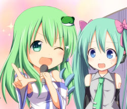 Rule 34 | 2girls, aqua hair, armpits, blue eyes, bow, crossover, detached sleeves, frog hair ornament, gradient background, green eyes, green hair, hair bow, hair ornament, hair tubes, hatsune miku, kochiya sanae, long hair, looking at another, looking at viewer, microphone, multiple girls, necktie, nitizyo, one eye closed, open mouth, pinky out, pointing, pointing at viewer, snake, sparkle, touhou, twintails, vest, vocaloid, wink