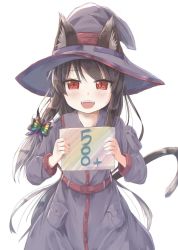 Rule 34 | 1girl, animal ear fluff, animal ears, black hair, blush, butterfly hair ornament, fangs, hair ornament, hat, highres, hikari niji, holding, holding sign, long hair, looking at viewer, open mouth, original, red eyes, robe, sign, solo, tail, witch hat