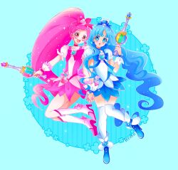 Rule 34 | 2girls, absurdres, blue background, blue eyes, blue hair, boots, bow, commentary, cure blossom, cure marine, english commentary, full body, hair bow, hanasaki tsubomi, heartcatch precure!, high heel boots, high heels, highres, holding, holding hands, kurumi erika, long hair, looking at viewer, magical girl, multiple girls, pantyhose, pink hair, ponytail, precure, puffy short sleeves, puffy sleeves, short sleeves, simple background, skirt, smile, teruhii, white background, white pantyhose