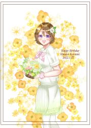 Rule 34 | 1girl, a song for you! you? you!, absurdres, artist name, artist request, belt, blush, bouquet, bow, bowtie, breasts, brown hair, female focus, flower, hair between eyes, hair flower, hair ornament, highres, holding, holding bouquet, koizumi hanayo, leaf hair ornament, looking at viewer, love live!, love live! school idol festival, love live! school idol project, miniskirt, neckerchief, parted lips, pink bow, pink neckerchief, plaid, plaid skirt, pleated, pleated skirt, purple eyes, sailor collar, shirt, short hair, short sleeves, skirt, small breasts, smile, solo, white background, white belt, white flower, white legwear, white sailor collar, white shirt, white skirt