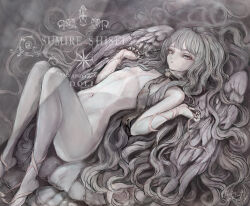 Rule 34 | 1girl, angel, angel wings, arm ribbon, brooch, choker, commentary, completely nude, doll, english commentary, expressionless, feathered wings, flat chest, grey hair, grey wings, highres, jewelry, knees up, leg ribbon, long hair, looking at viewer, navel, nude, original, pale skin, pink eyes, pink ribbon, ribbon, solo, sumire shisei, very long hair, wavy hair, wings