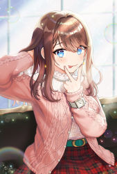 Rule 34 | 1girl, arm up, belt, belt buckle, blue eyes, blush, brown hair, buckle, cable knit, cardigan, checkered clothes, checkered skirt, closed mouth, commentary request, couch, earrings, green belt, hand in own hair, hand up, highres, indoors, jewelry, lace, lace-trimmed shirt, lace trim, long hair, long sleeves, mole, mole under eye, mole under mouth, nail polish, necklace, noixen, on couch, open cardigan, open clothes, original, pearl necklace, pink cardigan, red skirt, shirt, shirt tucked in, signature, sitting, skirt, sleeveless, soap bubbles, solo, tongue, tongue out, v, watch, white shirt, wristwatch