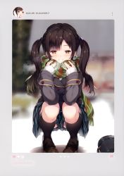 Rule 34 | 1girl, absurdres, blazer, blurry, blurry background, blush, breath, buttons, fingernails, full body, highres, jacket, loafers, long hair, long sleeves, looking at viewer, nukumori nukumi, original, parted lips, scan, scarf, senji (tegone spike), shoes, simple background, skirt, sleeves past wrists, smile, socks, solo, squatting, teeth, twintails, winter clothes