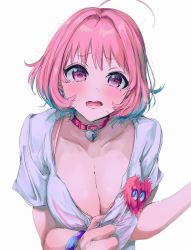 Rule 34 | 1girl, ahoge, bad id, bad pixiv id, blue hair, blush, bra, breasts, cleavage, cleavage reach, collar, collarbone, fang, heart on chest, highres, idolmaster, idolmaster cinderella girls, large breasts, looking at viewer, multicolored hair, najuco (naju0517), open mouth, pink bra, pink eyes, pink hair, shirt, short hair, short sleeves, solo, two-tone hair, underwear, upper body, white shirt, yumemi riamu