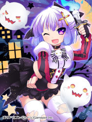 Rule 34 | 1girl, ;d, bad id, bad pixiv id, blush, candle, cross, dragon guild, dress, fingerless gloves, ghost, gloves, hair ribbon, holding, looking at viewer, nail polish, one eye closed, open mouth, outstretched arm, purple eyes, purple hair, ribbon, ringo yuyu, smile, solo, soukyuu dragon guild, star (symbol), thighhighs, torn clothes, torn thighhighs, watermark, white thighhighs, wink