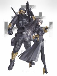 Rule 34 | 1boy, 1girl, armor, bandaid, bandaid on face, bandaid on nose, black gloves, blue eyes, blush, bulletproof vest, clenched hand, closed mouth, elbow pads, gloves, golden gun, greaves, grey hair, gun, helmet, high heels, highres, holding, holding gun, holding weapon, long hair, microphone, miv4t, nun, original, pouch, scabbard, sheath, standing, sword, thigh strap, vambraces, weapon, weapon on back