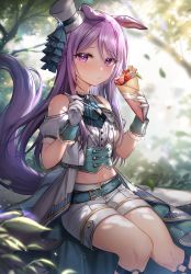 Rule 34 | 1girl, animal ears, bad id, bad pixiv id, closed mouth, crepe, eating, food, forest, fruit, gloves, gz (gyoju), hat, highres, holding, holding food, holding spoon, horse ears, horse girl, horse tail, long hair, looking at viewer, mejiro mcqueen (end of sky) (umamusume), mejiro mcqueen (umamusume), midriff, nature, navel, purple eyes, purple hair, sitting, solo, spoon, strawberry, tail, thighs, umamusume, white gloves, white hat, wrist cuffs