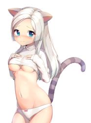 Rule 34 | 1girl, animal ears, blade &amp; soul, blue eyes, blush, breasts, cat ears, cat tail, cleavage, clothes lift, commission, crop top, highres, jungki dr, lifting own clothes, long hair, lyn (blade &amp; soul), navel, no pants, panties, shirt, shirt lift, simple background, smile, solo, tail, tears, underboob, underwear, white background, white hair, white panties