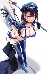 Rule 34 | 1girl, 8 (mmm st bbb), absurdres, azur lane, baltimore (azur lane), baltimore (finish line flagbearer) (azur lane), bikini, blue bikini, blue headwear, blue jacket, braid, breasts, brown hair, chest harness, cleavage, cropped jacket, flag, french braid, full body, hair between eyes, hanging breasts, harness, highleg, highleg bikini, highres, holding, holding flag, holding pole, jacket, large breasts, leaning forward, looking at viewer, micro shorts, mismatched bikini, pole, race queen, short hair, shorts, smile, standing, swimsuit, white background, yellow eyes
