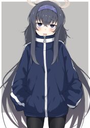 Rule 34 | 1girl, absurdres, black hair, black pantyhose, blue archive, blue jacket, blush, border, cowboy shot, fang, hair between eyes, hairband, halo, hands in pockets, highres, jacket, long hair, long sleeves, looking at viewer, open mouth, pantyhose, purple eyes, purple hairband, shijimi (sijimi1917), skin fang, solo, ui (blue archive), white border, zipper