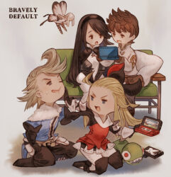 Rule 34 | 2boys, 3girls, :o, agnes oblige, ahoge, airy (bravely default), armor, armored dress, black gloves, black hair, blonde hair, blue eyes, blue shirt, boots, bow, bravely default: flying fairy, bravely default (series), brown eyes, brown hair, butterfly wings, chibi, copyright name, couch, dress, edea lee, elbow gloves, fairy, fairy wings, faulds, full body, fur trim, gloves, hair bow, hairband, handheld game console, highres, holding, holding handheld game console, insect wings, irono16, long hair, long sleeves, mini person, minigirl, multiple boys, multiple girls, nintendo 3ds, on couch, on floor, open mouth, pillow, pompadour, pushing away, red dress, ringabel, shirt, short hair, sitting, smile, stuffed toy, sweatdrop, thigh boots, tiz arrior, wings