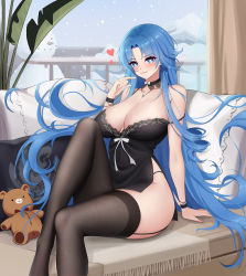 Rule 34 | 1girl, absurdres, areola slip, azur lane, bare shoulders, black choker, black dress, black panties, black thighhighs, blue eyes, blue hair, blush, breasts, choker, day, dress, garter straps, heart, heart-shaped pupils, highres, indoors, large breasts, long hair, looking at viewer, microdress, off shoulder, official alternate costume, panties, parted bangs, side slit, sitting, smile, snow, snowing, solo, sovetskaya belorussiya (azur lane), sovetskaya belorussiya (relaxation stratagem) (azur lane), string panties, stuffed animal, stuffed toy, symbol-shaped pupils, teddy bear, thighhighs, underwear, very long hair, window, wristband, yuuri vv