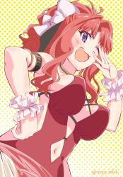 Rule 34 | 1girl, akino (princess connect!), akino (summer) (princess connect!), bare shoulders, blush, breasts, highres, large breasts, one-piece swimsuit, one eye closed, open mouth, ponytail, princess connect!, purple eyes, red hair, red one-piece swimsuit, seryu oekaki, simple background, swimsuit
