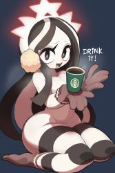 Rule 34 | breath, brown gloves, brown legwear, coffee, coffee cup, cup, disposable cup, earmuffs, english text, female pubic hair, gashi-gashi, gloves, highres, holding, holding cup, kneeling, light blush, long hair, looking at viewer, multicolored hair, no panties, open mouth, product girl, pubic hair, simple background, smile, socks, starbucks, starbucks siren, stb-chan, streaked hair, striped clothes, striped legwear, striped thighhighs, thick thighs, thighhighs, thighs, topless, very long hair