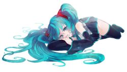 Rule 34 | 1girl, aqua eyes, aqua hair, boots, detached sleeves, full body, hatsune miku, highres, long hair, rakend, skirt, solo, thigh boots, thighhighs, twintails, very long hair, vocaloid, white background