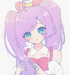Rule 34 | 1girl, aqua eyes, blush, bow, brushing hair, camisole, collarbone, comb, commentary, cowlick, detached collar, grey background, hair bow, highres, holding, holding comb, looking at viewer, manaka laala, nojima minami, open mouth, pretty series, pripara, purple hair, red bow, simple background, solo, symbol-only commentary, twintails, white camisole