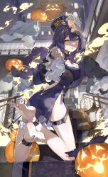 Rule 34 | 1girl, absurdres, barefoot, bodhi wushushenghua, braid, breasts, chinese clothes, cleavage, halloween, highres, jiangshi, kneeling, large breasts, long sleeves, looking at viewer, looking back, low twin braids, nail polish, ofuda, original, pumpkin, purple nails, sleeves past fingers, sleeves past wrists, soles, solo, thigh strap, toes, twin braids, yellow eyes