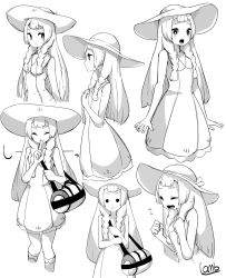 Rule 34 | 1girl, bad id, bad twitter id, bag, braid, closed eyes, creatures (company), dress, duffel bag, expressions, finger to mouth, from side, game freak, greyscale, hat, highres, lamb-oic029, lillie (pokemon), long hair, monochrome, multiple views, nintendo, open mouth, pokemon, pokemon sm, simple background, sleeveless, sleeveless dress, sun hat, twin braids, white background