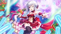 Rule 34 | 1girl, ahoge, armpits, bell, black thighhighs, bow, breasts, chain, christmas, christmas ornaments, christmas tree, cleavage, clothing cutout, colored lights, detached sleeves, dot nose, dress, film grain, from below, game cg, gem, glowstick, gold chain, grey hair, hair bow, holding, holding microphone stand, ichijou ruka, idol, izumi tsubasu, large bow, large breasts, layered skirt, microphone stand, navel, neck garter, non-web source, official art, one eye closed, open mouth, plaid, plaid collar, plaid skirt, pointing, purple eyes, re:stage!, red bow, red dress, red gemstone, red skirt, red sleeves, screen, short hair, skirt, sleeveless, sleeveless dress, smile, snowflakes, solo, sparkle, stage, stage lights, standing, standing on one leg, stomach, stomach cutout, thighhighs, zettai ryouiki