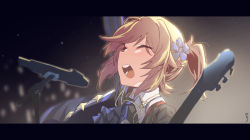 Rule 34 | 1girl, aiguillette, alternate costume, alternate hairstyle, aningay, arm up, ascot, blonde hair, blurry, blurry background, blush, braid, elbow gloves, electric guitar, flower, french braid, girls&#039; frontline, gloves, glowstick, guitar, hair between eyes, hair flower, hair ornament, highres, holding, holding instrument, instrument, jacket, letterboxed, long hair, long sleeves, microphone, nagant revolver (astral bond) (girls&#039; frontline), nagant revolver (girls&#039; frontline), official alternate costume, open mouth, puffy short sleeves, puffy sleeves, short sleeves, sidelocks, signature, striped clothes, striped gloves