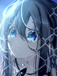 Rule 34 | 1girl, absurdres, black hair, blue eyes, blush, chain-link fence, close-up, crying, crying with eyes open, fence, highres, long hair, looking at viewer, original, portrait, solo, tearing up, tears, yuiragi yuki
