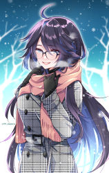 Rule 34 | 1girl, bare tree, black gloves, black hair, blue hair, breasts, colored inner hair, cowlick, glasses, gloves, grey jacket, hands on own chest, indie virtual youtuber, jacket, kson, large breasts, long hair, multicolored hair, n gyou, parted lips, pink scarf, scarf, smile, snowing, solo, souchou, streaked hair, tree, twitter username, virtual youtuber