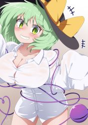Rule 34 | absurdres, bare legs, blush, breasts, cleavage, commentary request, dress shirt, green eyes, green hair, grin, hat, unworn hat, unworn headwear, highres, komeiji koishi, large breasts, looking at viewer, no pants, polyhedron2, shirt, smile, thighs, third eye, touhou