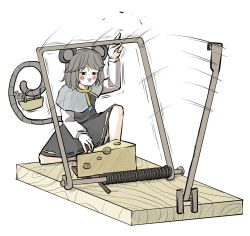 Rule 34 | 1girl, animal ears, basket, black eyes, blush, capelet, cheese, dress, food, grey dress, grey hair, holding, jewelry, long sleeves, mouse (animal), mouse ears, mouse tail, mousetrap, nazrin, open mouth, peroponesosu., short hair, simple background, solo, sweat, tail, touhou, white background, white sleeves