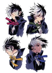 Rule 34 | 1boy, black coat, black hair, black jack (character), black jack (series), black vest, blue ribbon, coat, collared shirt, cropped torso, expressionless, expressions, facial scar, floating hair, glaring, green ribbon, highres, long sideburns, looking at viewer, male focus, mame moyashi, multicolored hair, multiple views, neck ribbon, parted lips, red eyes, red ribbon, ribbon, scar, scar on cheek, scar on face, serious, shirt, short hair, sideburns, simple background, split-color hair, stitched face, stitches, two-tone hair, upper body, vest, white background, white hair, white shirt, wind, wind lift, wing collar, yellow ribbon