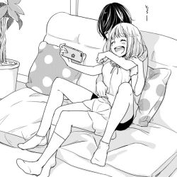 Rule 34 | 10s, 2girls, asagao to kase-san, blush, casual, cellphone, closed eyes, commentary request, couch, couple, greyscale, hand under clothes, holding, holding phone, hug, hug from behind, kase tomoka, monochrome, multiple girls, official art, open mouth, phone, pillow, plant, polka dot, potted plant, selfie, short hair, short shorts, short sleeves, shorts, sitting, sitting on lap, sitting on person, socks, takashima hiromi, yamada yui, yuri