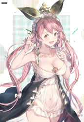Rule 34 | 1girl, :d, bad id, bad pixiv id, blush, bow, breasts, brown eyes, cleavage, collarbone, dress, granblue fantasy, highres, long hair, maid headdress, medium breasts, milli little, monster girl, open mouth, pink hair, plant girl, plant on head, quad tails, smile, solo, standing, very long hair, white bow, white dress, yggdrasil (granblue fantasy)