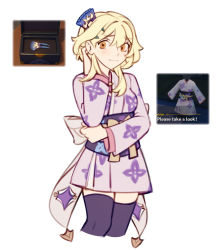 Rule 34 | 1girl, absurdres, bad id, bad twitter id, blonde hair, blush, bow, closed mouth, genshin impact, hair between eyes, hair ornament, highres, japanese clothes, kimono, lilyglazed, long hair, lumine (genshin impact), orange eyes, patterned, patterned clothing, purple kimono, purple legwear, reference photo, simple background, smile, solo, white background, yellow bow