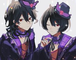 Rule 34 | 2boys, black hair, black headwear, black jacket, brothers, ensemble stars!, grey background, highres, jacket, looking at viewer, male focus, matching outfits, medium hair, multicolored clothes, multicolored jacket, multiple boys, purple jacket, red eyes, sakuma rei (ensemble stars!), sakuma ritsu, short hair, siblings, simple background, wavy hair, yukimi bon